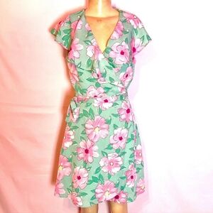 Gianni Bini Green Multi Color Floral Ruffle Trim Wrap Dress